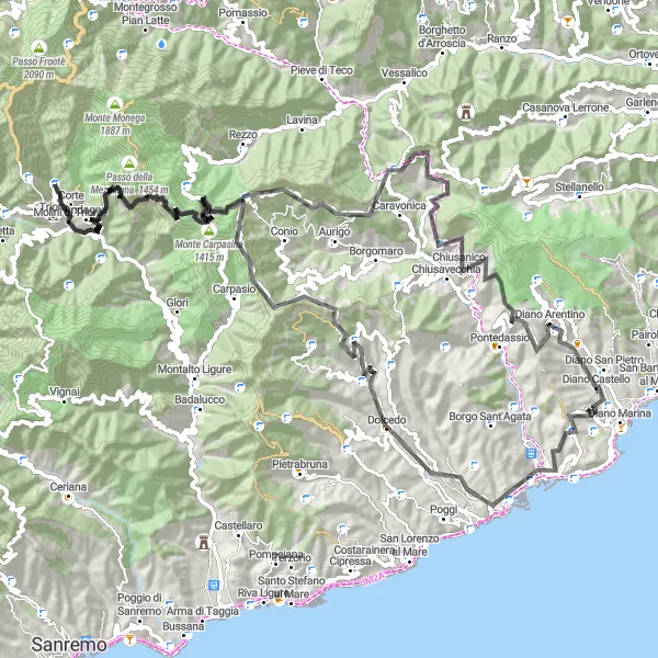 Miniatua del mapa de inspiración ciclista "Ruta desafiante de carretera desde Diano Marina" en Liguria, Italy. Generado por Tarmacs.app planificador de rutas ciclistas