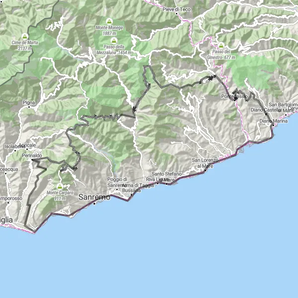 Miniatua del mapa de inspiración ciclista "Ruta panorámica de Diano Marina a Perinaldo" en Liguria, Italy. Generado por Tarmacs.app planificador de rutas ciclistas