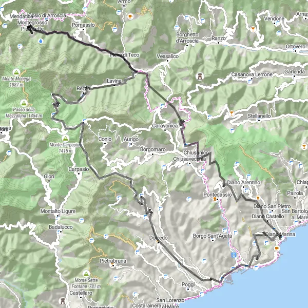 Miniaturekort af cykelinspirationen "Udfordrende rute til Monte Teglia og Colle San Bartolomeo" i Liguria, Italy. Genereret af Tarmacs.app cykelruteplanlægger