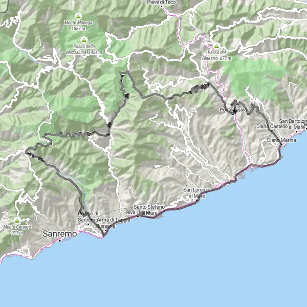 Miniature de la carte de l'inspiration cycliste "Les montagnes côtières de Ligurie" dans la Liguria, Italy. Générée par le planificateur d'itinéraire cycliste Tarmacs.app