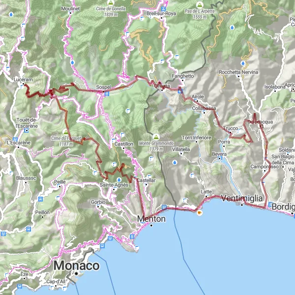 Map miniature of "The Gravel Adventure: Dolceacqua to Cima d'Aurin" cycling inspiration in Liguria, Italy. Generated by Tarmacs.app cycling route planner