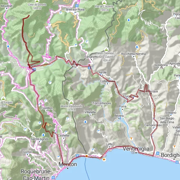 Miniaturekort af cykelinspirationen "Grusvej cykeltur gennem Sospel-dalen" i Liguria, Italy. Genereret af Tarmacs.app cykelruteplanlægger