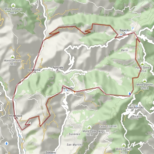 Miniatua del mapa de inspiración ciclista "Ruta Gravel a Monte Bignone" en Liguria, Italy. Generado por Tarmacs.app planificador de rutas ciclistas