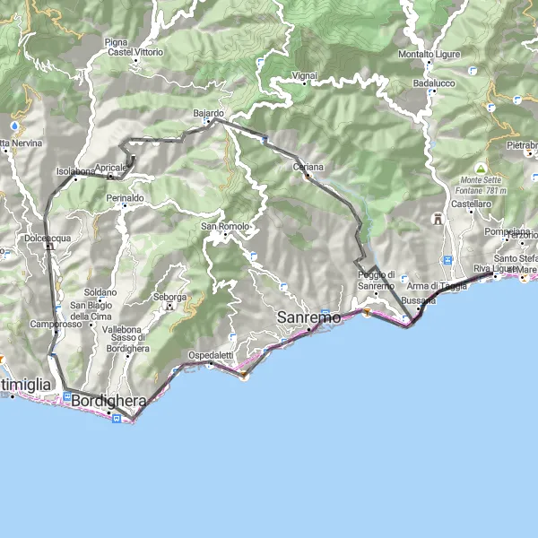 Miniatuurkaart van de fietsinspiratie "Heuvelachtige Road Cycling Dolceacqua" in Liguria, Italy. Gemaakt door de Tarmacs.app fietsrouteplanner