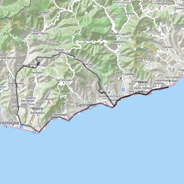 Miniaturekort af cykelinspirationen "Dolceacqua til Ospedaletti Road Cycling Route" i Liguria, Italy. Genereret af Tarmacs.app cykelruteplanlægger