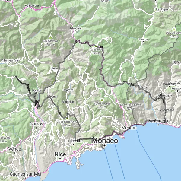 Miniaturní mapa "Ventimiglia - Cime de la Giraude Loop" inspirace pro cyklisty v oblasti Liguria, Italy. Vytvořeno pomocí plánovače tras Tarmacs.app