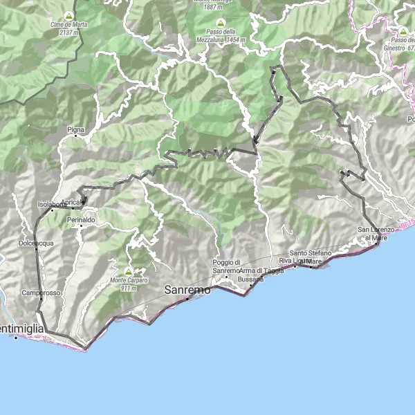 Karttaminiaatyyri "Kierros Dolceacquan ympäri" pyöräilyinspiraatiosta alueella Liguria, Italy. Luotu Tarmacs.app pyöräilyreittisuunnittelijalla