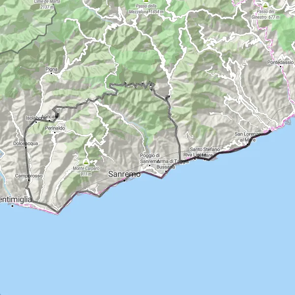 Miniatuurkaart van de fietsinspiratie "Wegen rond Dolceacqua" in Liguria, Italy. Gemaakt door de Tarmacs.app fietsrouteplanner