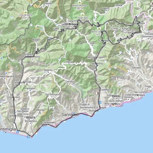 Map miniature of "The Road Warrior: Dolceacqua to Sanremo" cycling inspiration in Liguria, Italy. Generated by Tarmacs.app cycling route planner