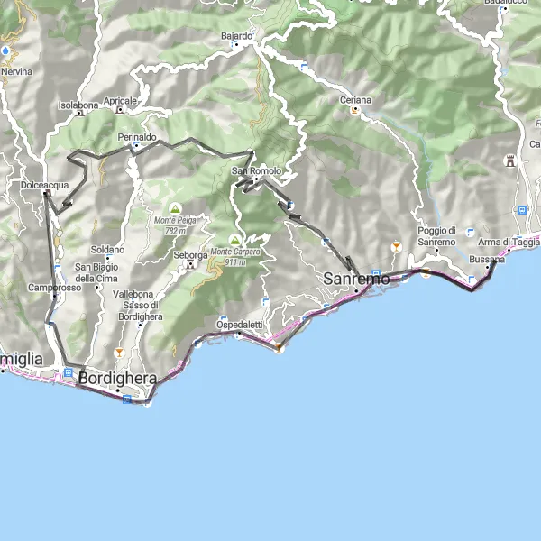 Miniatua del mapa de inspiración ciclista "Ruta de Carretera de Perinaldo a Camporosso" en Liguria, Italy. Generado por Tarmacs.app planificador de rutas ciclistas