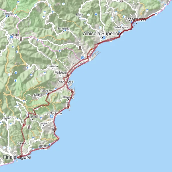 Miniature de la carte de l'inspiration cycliste "Savona Coastline Gravel Ride" dans la Liguria, Italy. Générée par le planificateur d'itinéraire cycliste Tarmacs.app