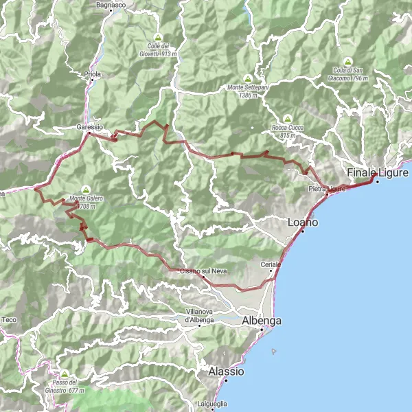Miniaturní mapa "Gravelová trasa Garessio Expedition" inspirace pro cyklisty v oblasti Liguria, Italy. Vytvořeno pomocí plánovače tras Tarmacs.app