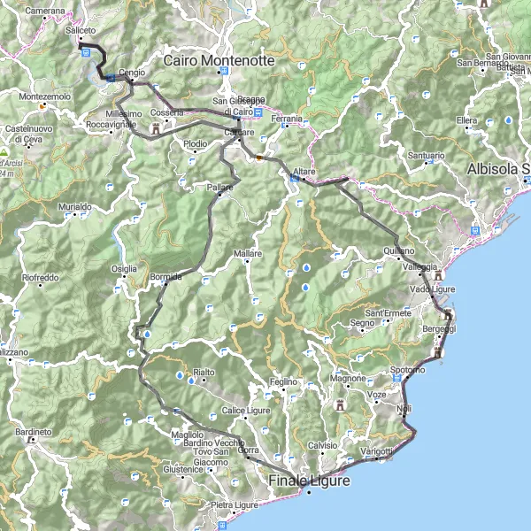 Miniatura della mappa di ispirazione al ciclismo "Tour in Bici da Strada tra Finale Ligure e Vado Ligure" nella regione di Liguria, Italy. Generata da Tarmacs.app, pianificatore di rotte ciclistiche