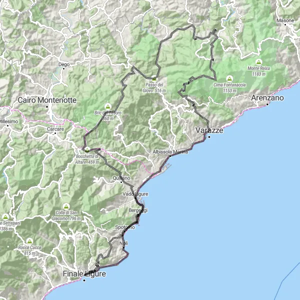 Miniaturní mapa "Okružní cyklistická trasa Finale Ligure - Finale Ligure (silnice)" inspirace pro cyklisty v oblasti Liguria, Italy. Vytvořeno pomocí plánovače tras Tarmacs.app