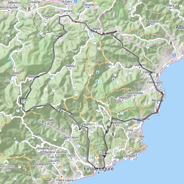 Miniatuurkaart van de fietsinspiratie "84 km wegfietsen rond Finale Ligure naar Monte Corno" in Liguria, Italy. Gemaakt door de Tarmacs.app fietsrouteplanner