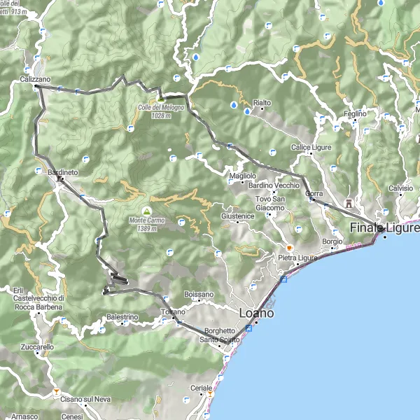 Miniature de la carte de l'inspiration cycliste "Exploration des sommets de Ligurie" dans la Liguria, Italy. Générée par le planificateur d'itinéraire cycliste Tarmacs.app