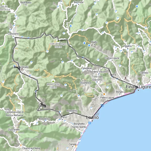 Kartminiatyr av "Melogno Loop Road Cycling Route" sykkelinspirasjon i Liguria, Italy. Generert av Tarmacs.app sykkelrutoplanlegger