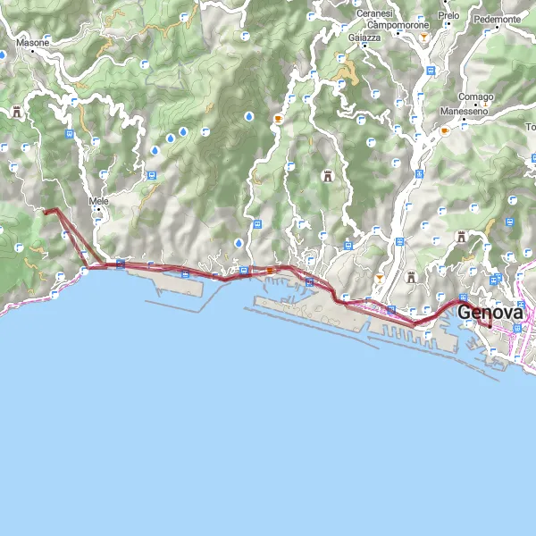 Miniature de la carte de l'inspiration cycliste "Parcours gravel au départ de Gênes" dans la Liguria, Italy. Générée par le planificateur d'itinéraire cycliste Tarmacs.app