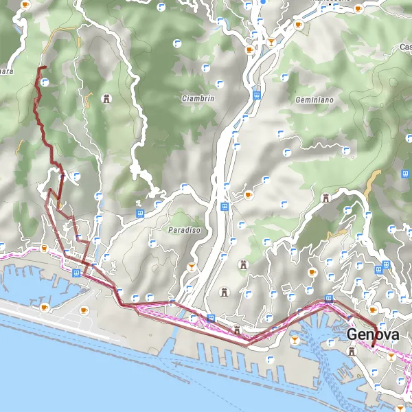 Map miniature of "Exploring Genoa's Gravel Trails" cycling inspiration in Liguria, Italy. Generated by Tarmacs.app cycling route planner