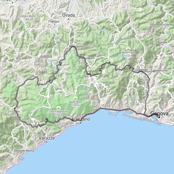 Karttaminiaatyyri "Haasteita ja Näköaloja Ligurian Maaseudulla" pyöräilyinspiraatiosta alueella Liguria, Italy. Luotu Tarmacs.app pyöräilyreittisuunnittelijalla