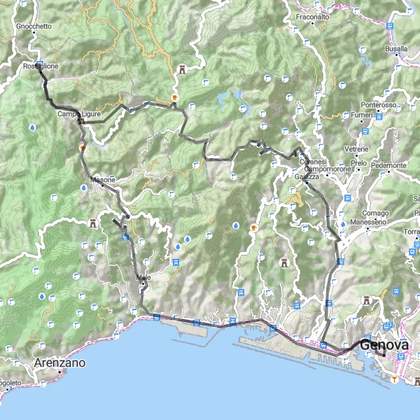 Miniature de la carte de l'inspiration cycliste "Itinéraire cycliste sur route à partir de Gênes" dans la Liguria, Italy. Générée par le planificateur d'itinéraire cycliste Tarmacs.app