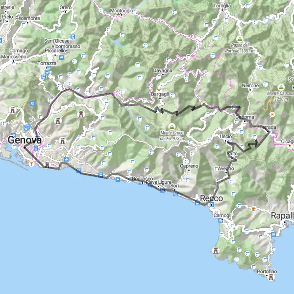 Miniatura della mappa di ispirazione al ciclismo "Road Cycling Tour to Genoa" nella regione di Liguria, Italy. Generata da Tarmacs.app, pianificatore di rotte ciclistiche