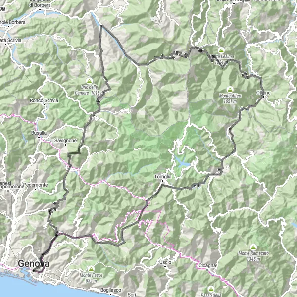 Miniaturní mapa "Kamenná trasa v Ligursku a kolem Genovy" inspirace pro cyklisty v oblasti Liguria, Italy. Vytvořeno pomocí plánovače tras Tarmacs.app