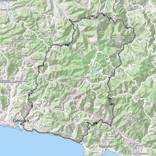 Karten-Miniaturansicht der Radinspiration "Herausfordernde Bergpässe und idyllische Dörfer" in Liguria, Italy. Erstellt vom Tarmacs.app-Routenplaner für Radtouren