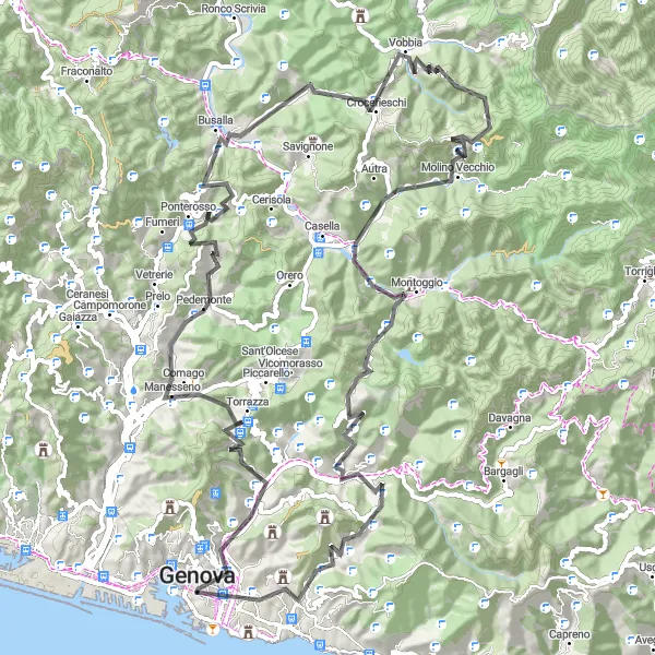 Miniaturekort af cykelinspirationen "Udfordrende bjergstigninger og naturskønne landskaber" i Liguria, Italy. Genereret af Tarmacs.app cykelruteplanlægger