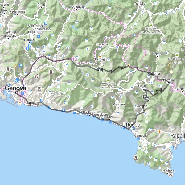 Miniatura della mappa di ispirazione al ciclismo "Giro in bicicletta da Genova a Monte Massapello" nella regione di Liguria, Italy. Generata da Tarmacs.app, pianificatore di rotte ciclistiche