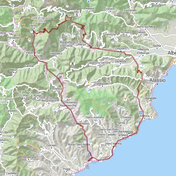 Miniaturekort af cykelinspirationen "Grusvej cykelrute gennem Ligurien" i Liguria, Italy. Genereret af Tarmacs.app cykelruteplanlægger