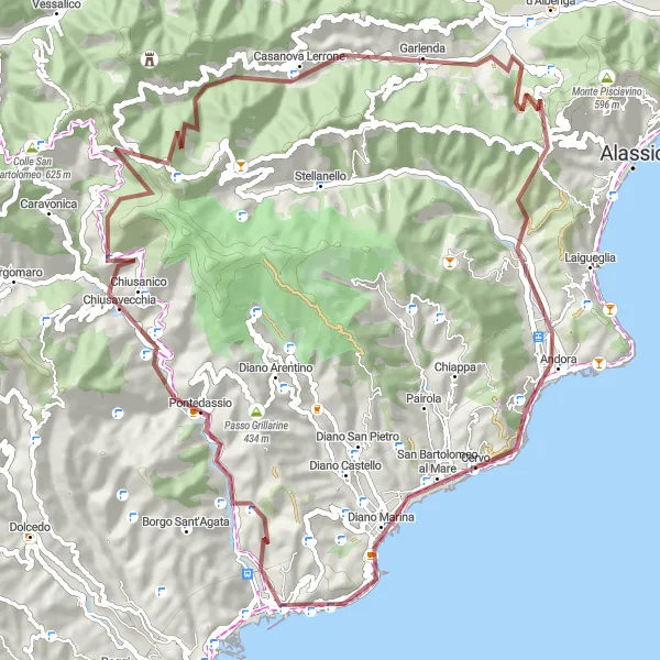 Miniaturní mapa "Gravel Kruhová cyklotrasa Chiusanico - Diano Marina" inspirace pro cyklisty v oblasti Liguria, Italy. Vytvořeno pomocí plánovače tras Tarmacs.app