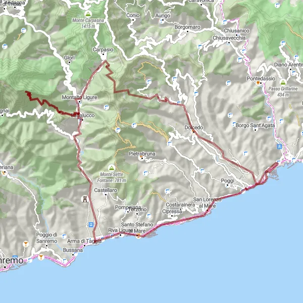 Karttaminiaatyyri "Pyöräily Ligurian vuoristossa" pyöräilyinspiraatiosta alueella Liguria, Italy. Luotu Tarmacs.app pyöräilyreittisuunnittelijalla