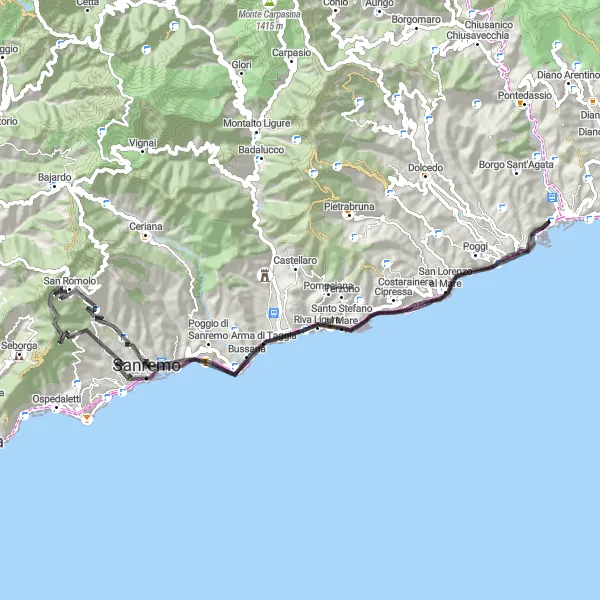 Map miniature of "Cipressa Loop" cycling inspiration in Liguria, Italy. Generated by Tarmacs.app cycling route planner