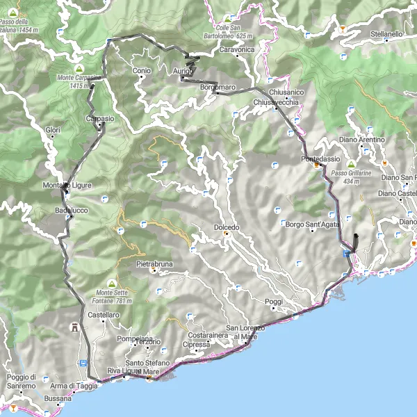 Miniaturekort af cykelinspirationen "Landevejscykelrute langs Ligurien kysten" i Liguria, Italy. Genereret af Tarmacs.app cykelruteplanlægger