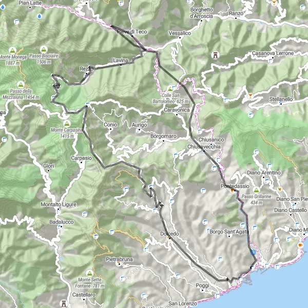 Kartminiatyr av "Utforsk kysten og fjellene rundt Imperia" sykkelinspirasjon i Liguria, Italy. Generert av Tarmacs.app sykkelrutoplanlegger