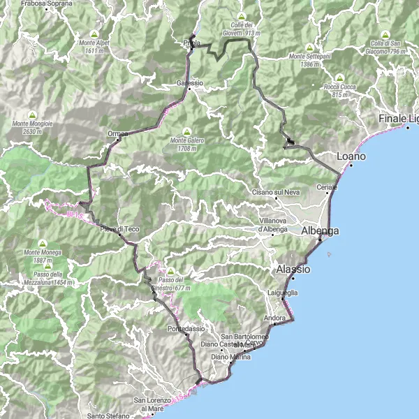 Miniaturekort af cykelinspirationen "Lang rute til Ormea og Alassio" i Liguria, Italy. Genereret af Tarmacs.app cykelruteplanlægger
