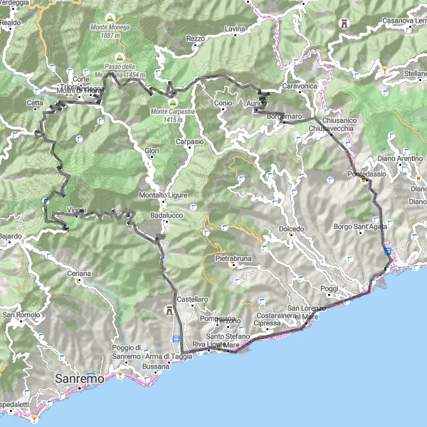 Miniaturní mapa "Kruhová cyklotrasa Monte Grange - Monte Bardellini" inspirace pro cyklisty v oblasti Liguria, Italy. Vytvořeno pomocí plánovače tras Tarmacs.app