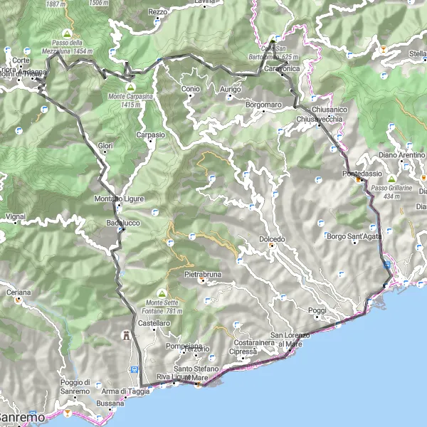 Miniatuurkaart van de fietsinspiratie "Langs Monte Grange en Pontedassio" in Liguria, Italy. Gemaakt door de Tarmacs.app fietsrouteplanner