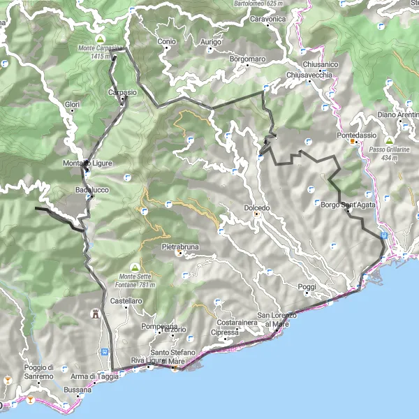 Miniatua del mapa de inspiración ciclista "Ruta de Monte Grange y Monte Carpasina" en Liguria, Italy. Generado por Tarmacs.app planificador de rutas ciclistas