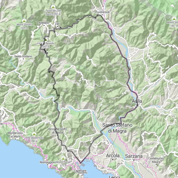 Miniatua del mapa de inspiración ciclista "Ruta de las Montañas y Pueblos Costeros" en Liguria, Italy. Generado por Tarmacs.app planificador de rutas ciclistas