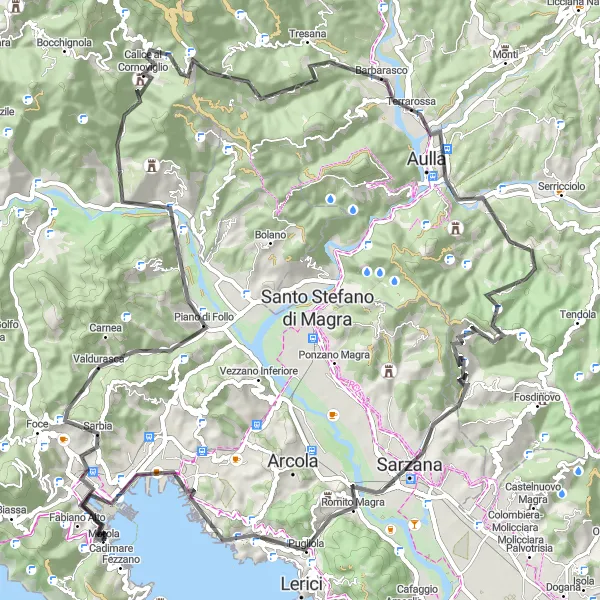 Karttaminiaatyyri "Pyöräilyreitti La Spezian lähellä: Monte Crocetta, Valeriano, Calice al Cornoviglio" pyöräilyinspiraatiosta alueella Liguria, Italy. Luotu Tarmacs.app pyöräilyreittisuunnittelijalla