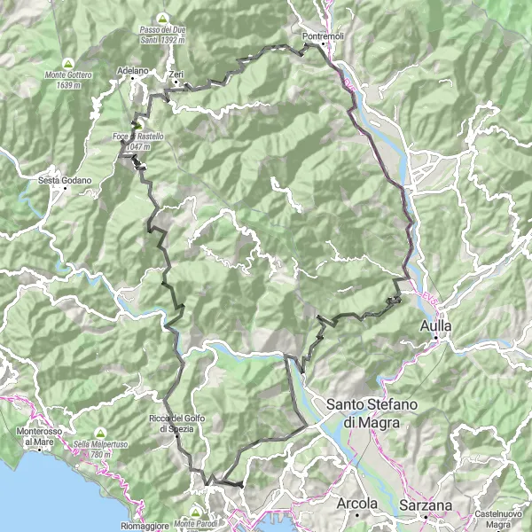 Miniature de la carte de l'inspiration cycliste "Tour des sommets autour de La Spezia" dans la Liguria, Italy. Générée par le planificateur d'itinéraire cycliste Tarmacs.app