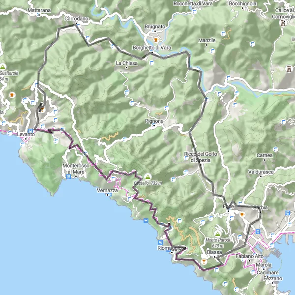 Miniatura della mappa di ispirazione al ciclismo "Avventura in bicicletta tra Manarola e Levanto" nella regione di Liguria, Italy. Generata da Tarmacs.app, pianificatore di rotte ciclistiche