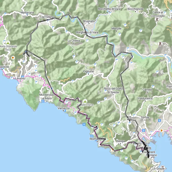 Miniatura della mappa di ispirazione al ciclismo "Giro ciclistico da Levanto a Fezzano" nella regione di Liguria, Italy. Generata da Tarmacs.app, pianificatore di rotte ciclistiche