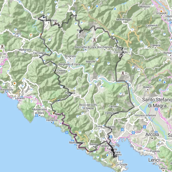 Miniaturekort af cykelinspirationen "Coastal Mountain Loop" i Liguria, Italy. Genereret af Tarmacs.app cykelruteplanlægger
