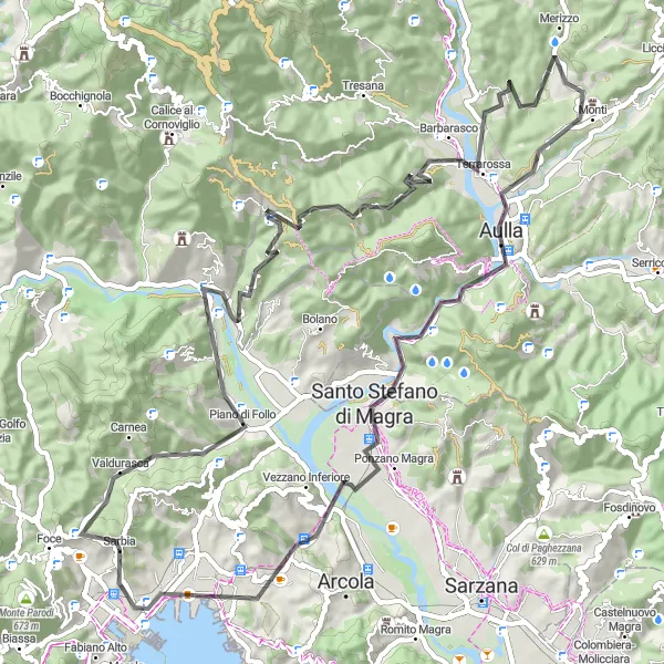 Miniature de la carte de l'inspiration cycliste "Exploration pittoresque des montagnes autour de La Spezia" dans la Liguria, Italy. Générée par le planificateur d'itinéraire cycliste Tarmacs.app