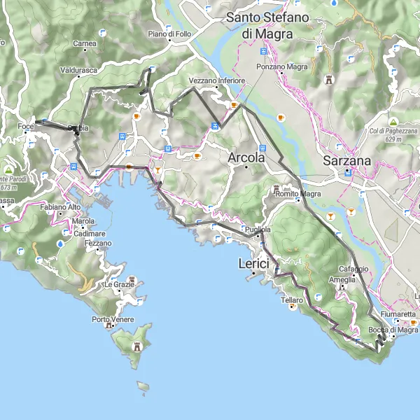 Mapa miniatúra "Cyklistická trasa kolem La Spezia" cyklistická inšpirácia v Liguria, Italy. Vygenerované cyklistickým plánovačom trás Tarmacs.app