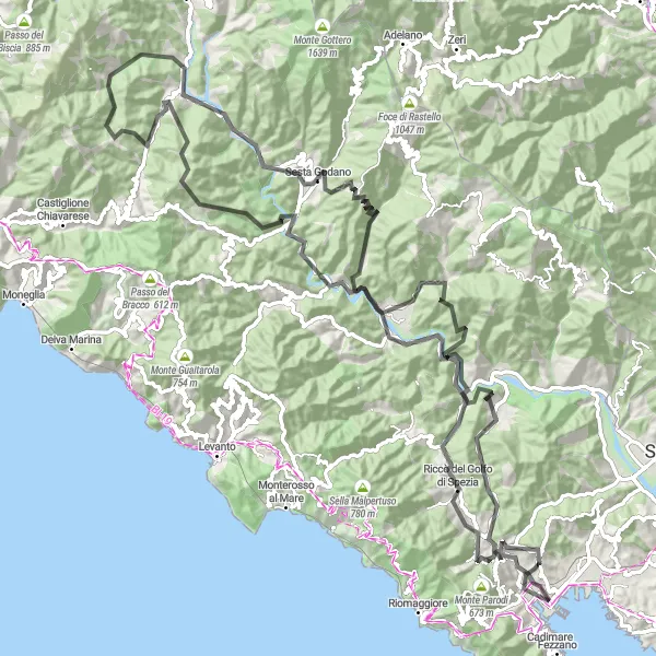 Mapa miniatúra "Vysočina kolem La Spezia" cyklistická inšpirácia v Liguria, Italy. Vygenerované cyklistickým plánovačom trás Tarmacs.app