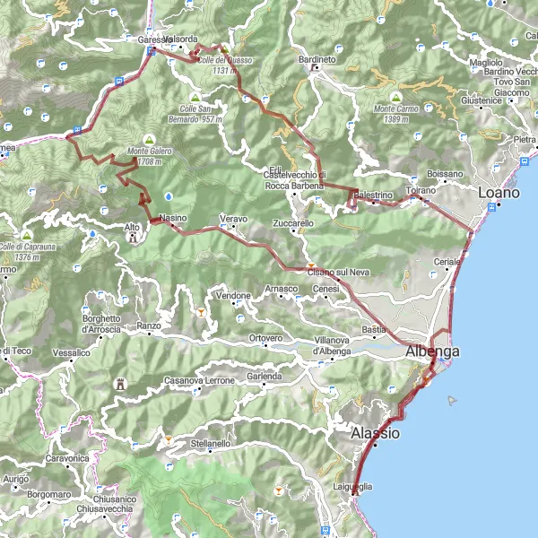 Miniature de la carte de l'inspiration cycliste "Tour des Montagnes Ligures" dans la Liguria, Italy. Générée par le planificateur d'itinéraire cycliste Tarmacs.app